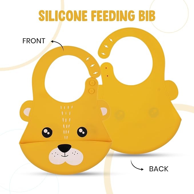 Yellow silicone feeding bib with lion design on a white background