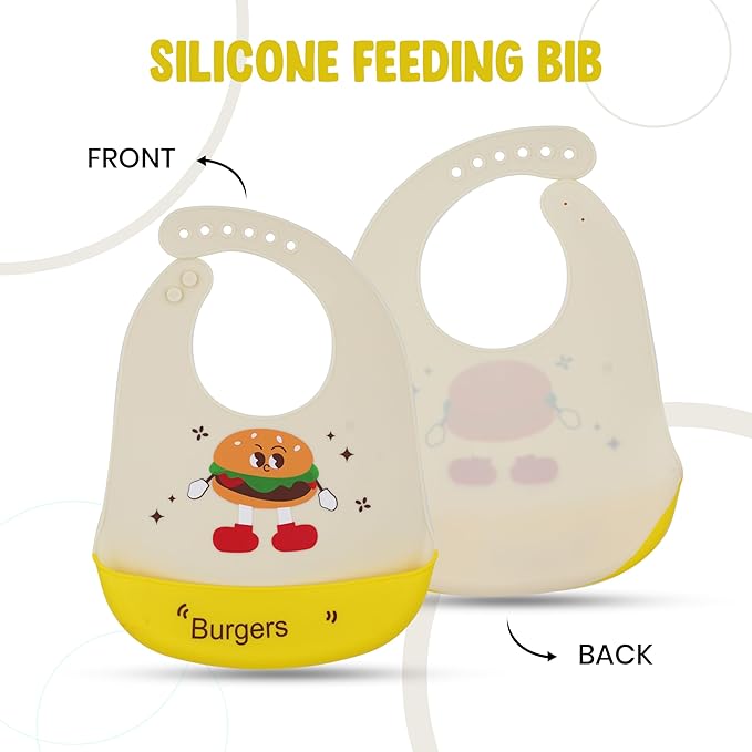 Silicone feeding bib with cartoon burger design on a white background