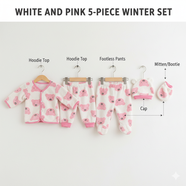 WooAttire Newborn Baby White 5-Piece Winter Set – Soft Fleece Outfit (0–1 Month)