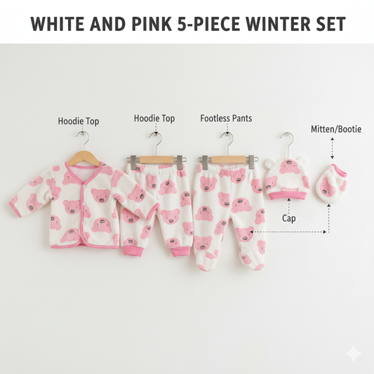 WooAttire Newborn Baby White 5-Piece Winter Set – Soft Fleece Outfit (0–1 Month)