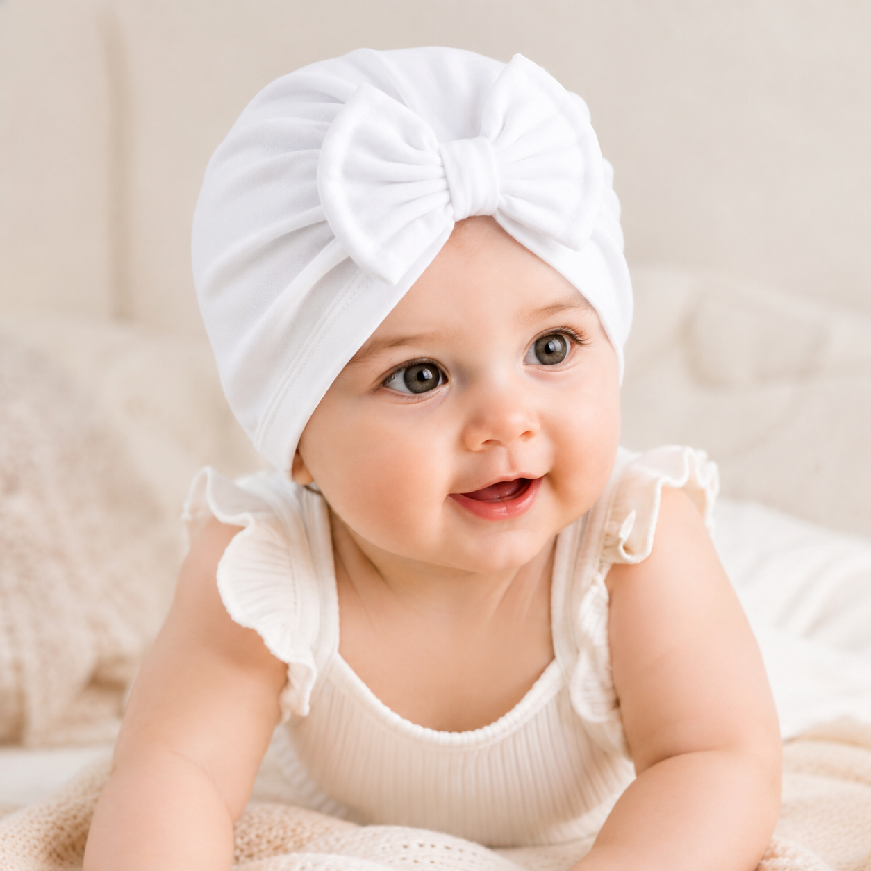 Baby wearing a white turban with a bow, sitting on a soft surface.