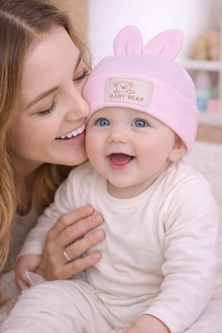 Woman holding a baby wearing a pink bear hat indoors