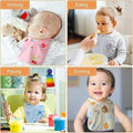 Collage of a baby using a bib in various activities including drinking, eating, playing, and drooling.