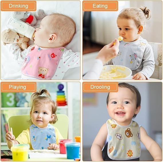 Collage of a baby using a bib in various activities including drinking, eating, playing, and drooling.