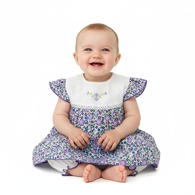 Baby wearing a floral dress with ruffled sleeves on a white background
