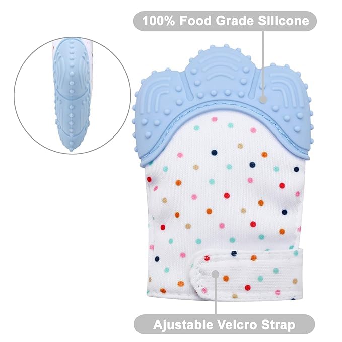 Baby teething glove with colorful polka dots and blue silicone surface, featuring adjustable velcro strap.