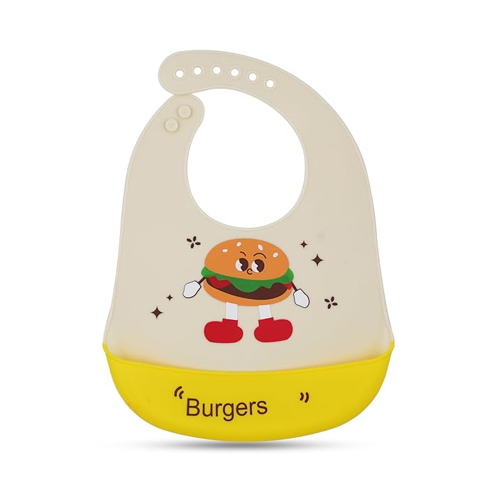 Baby bib with cartoon hamburger design and 'Burgers' text on a white background