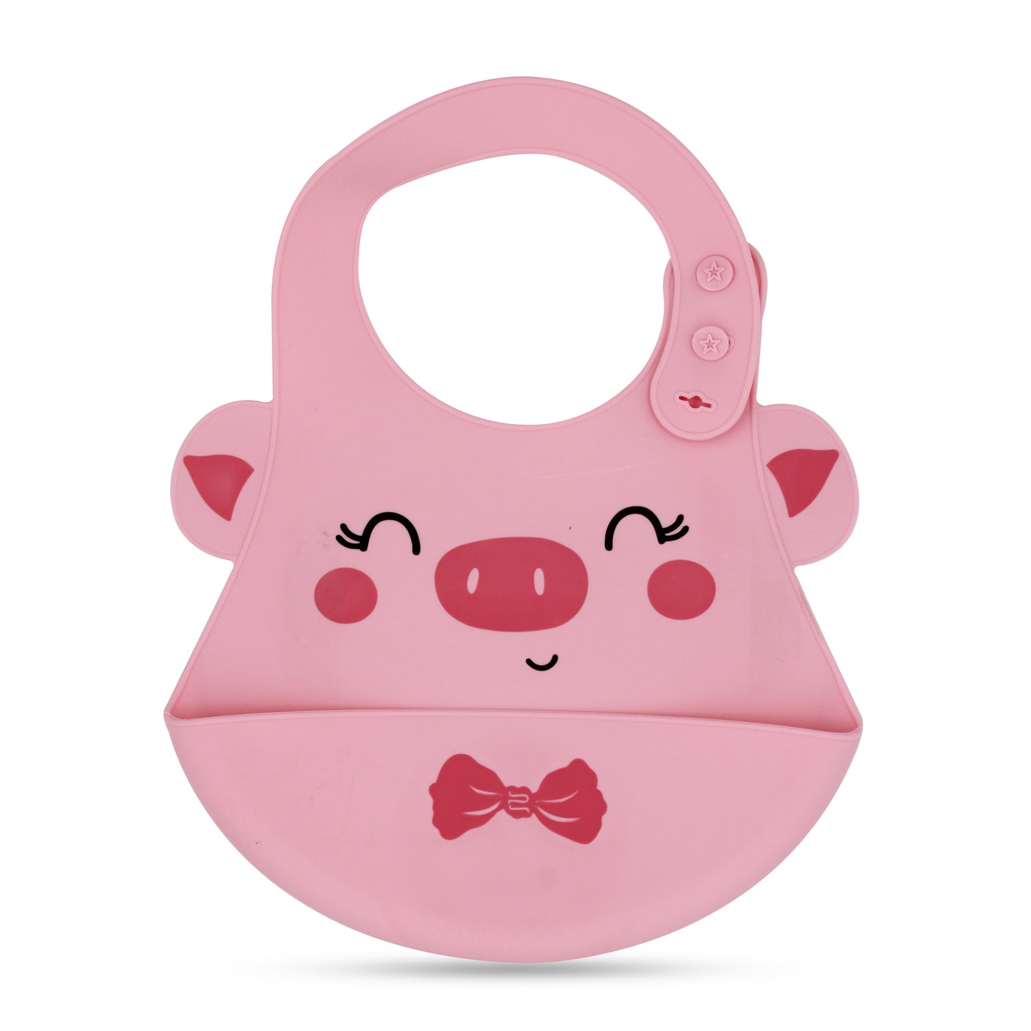 Pink cartoon-style bib with pig design on a white background