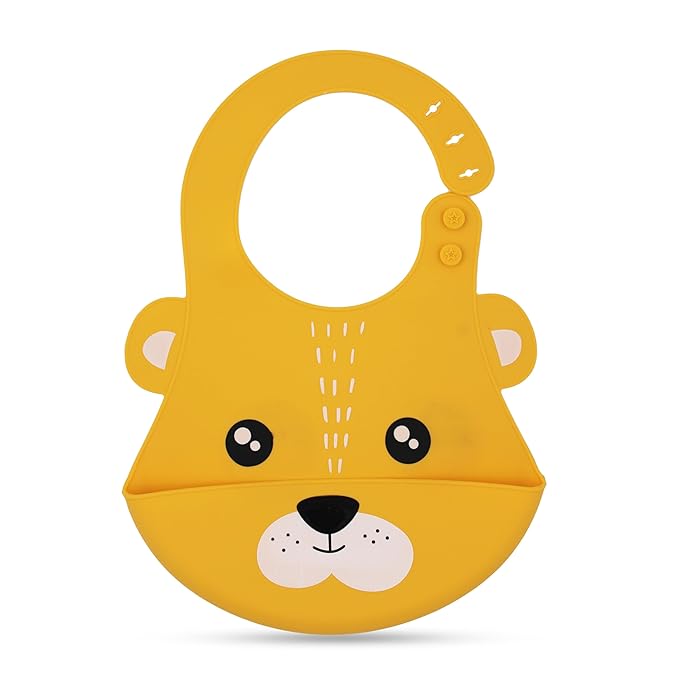 Yellow silicone bib with a bear face design on a white background