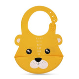 Yellow silicone bib with a bear face design on a white background