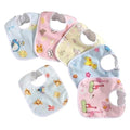 Set of six baby bibs with colorful patterns on a white background