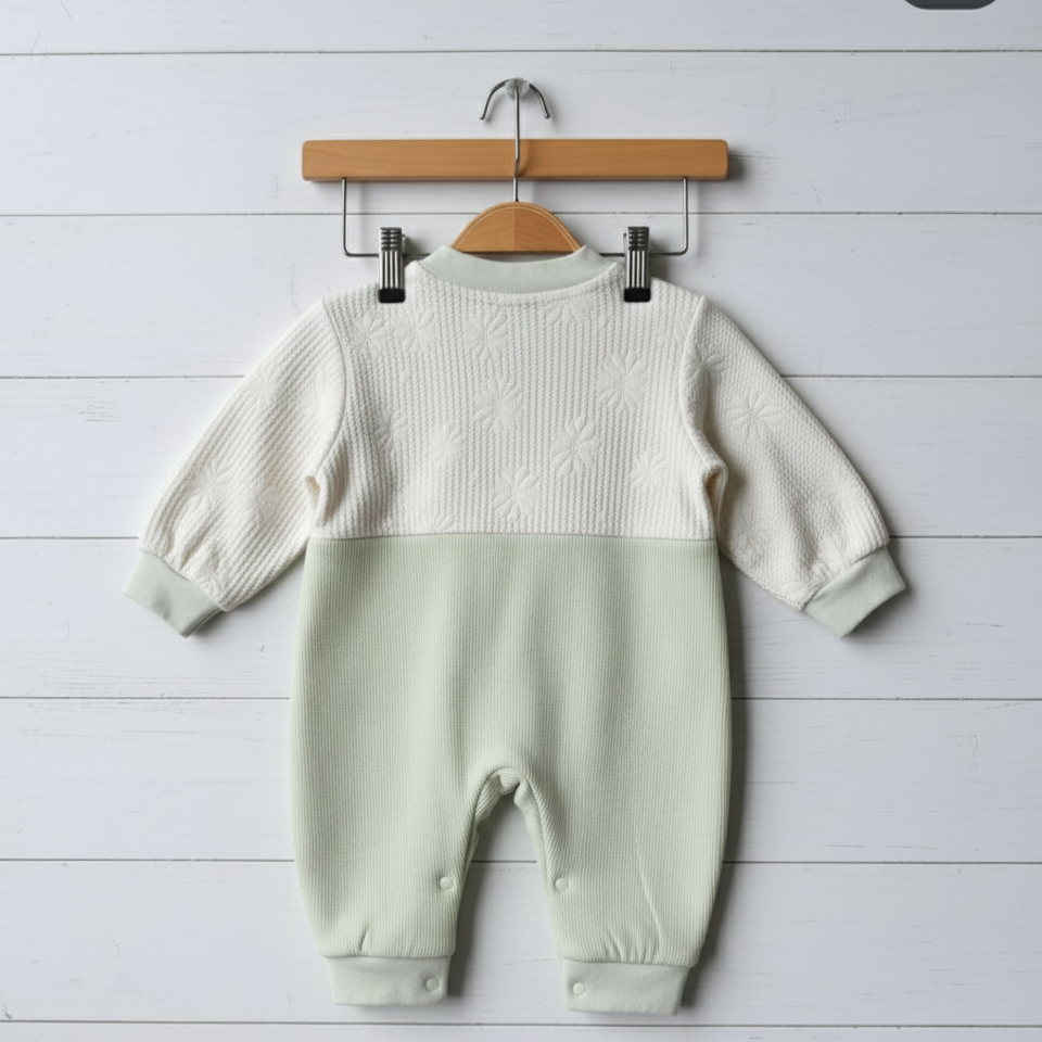 Baby romper with ribbed sweater top and plain bottom on a wooden hanger against a light wooden floor.