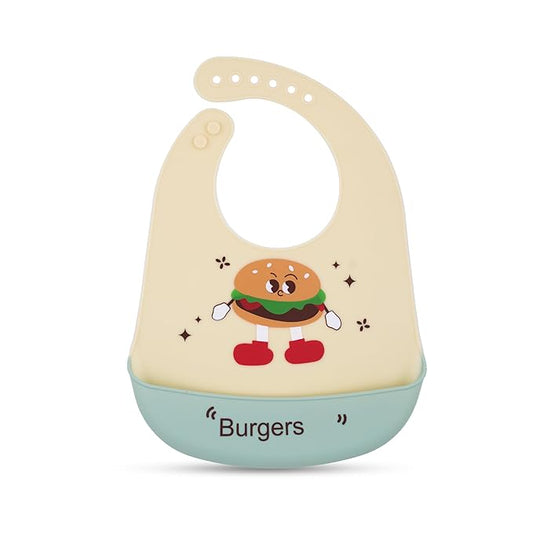 Baby bib with cartoon hamburger design and 'Burgers' text on a white background