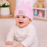 Baby wearing a pink hat with bunny ears, sitting on a soft surface.