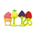 Set of colorful silicone baby teether toys on a white background