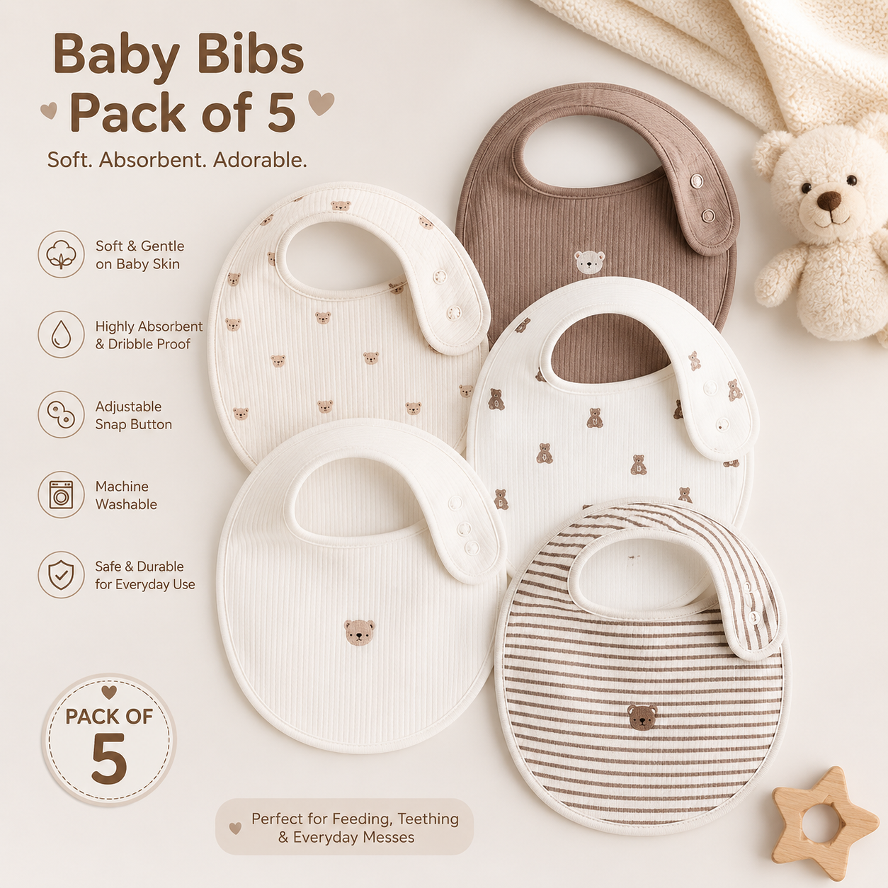 Baby Drool & Feeding Bibs Pack of 5 with Snap Button Closure