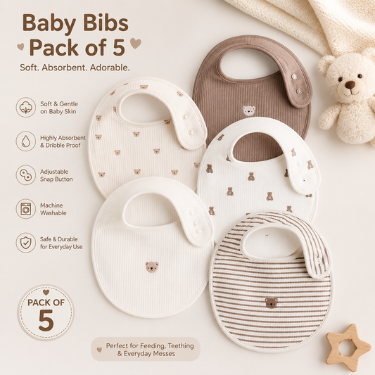 Baby Drool & Feeding Bibs Pack of 5 with Snap Button Closure