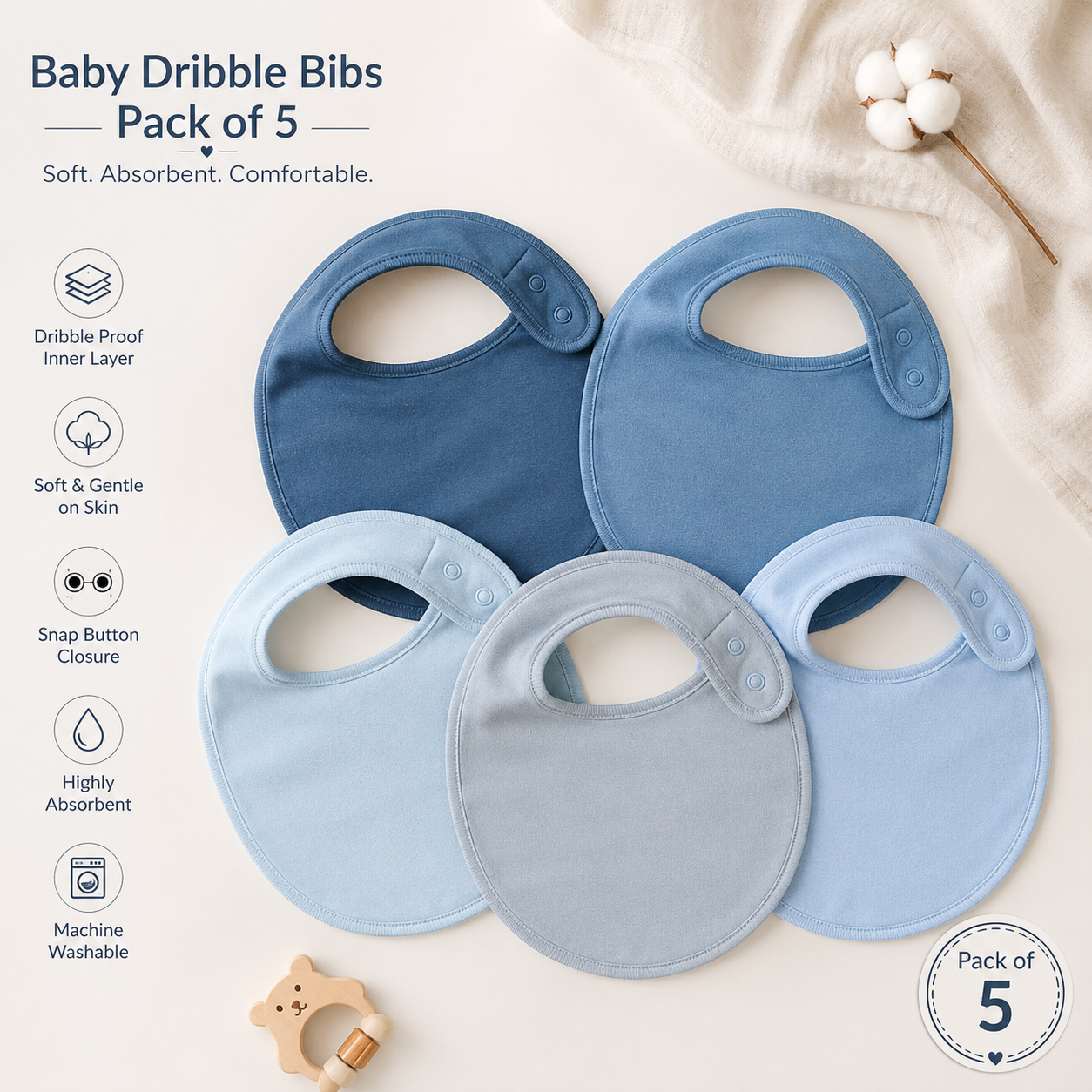 Blue Baby Dribble Bibs Pack of 5 | Soft Absorbent Feeding & Drool Bibs for Newborn Babies