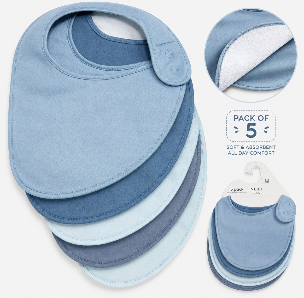 Blue Baby Dribble Bibs Pack of 5 | Soft Absorbent Feeding & Drool Bibs for Newborn Babies