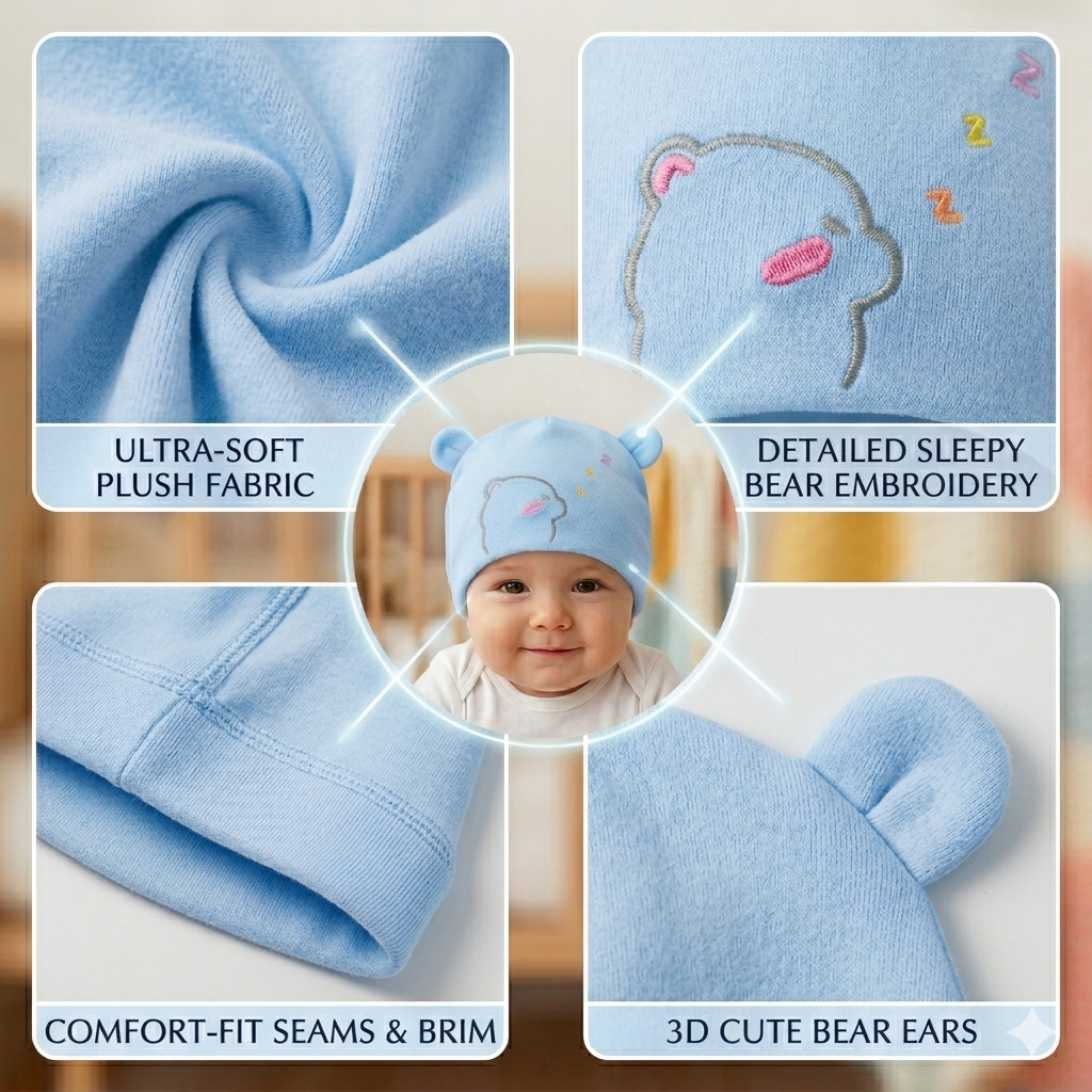 Baby Cotton Cap with Cute Bear Print (Pack of 1)