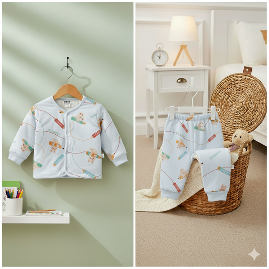 Infant Blue Cotton Night Dress with Full Sleeves and Cartoon Prints
