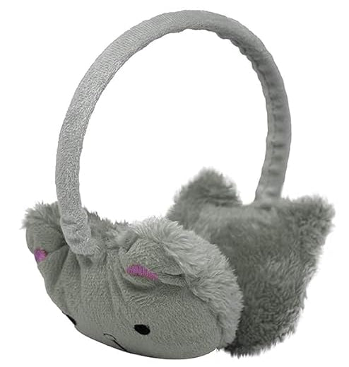 Gray plush earmuffs with a cute face design on a white background
