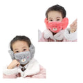 Two children wearing bear-themed face masks on a white background