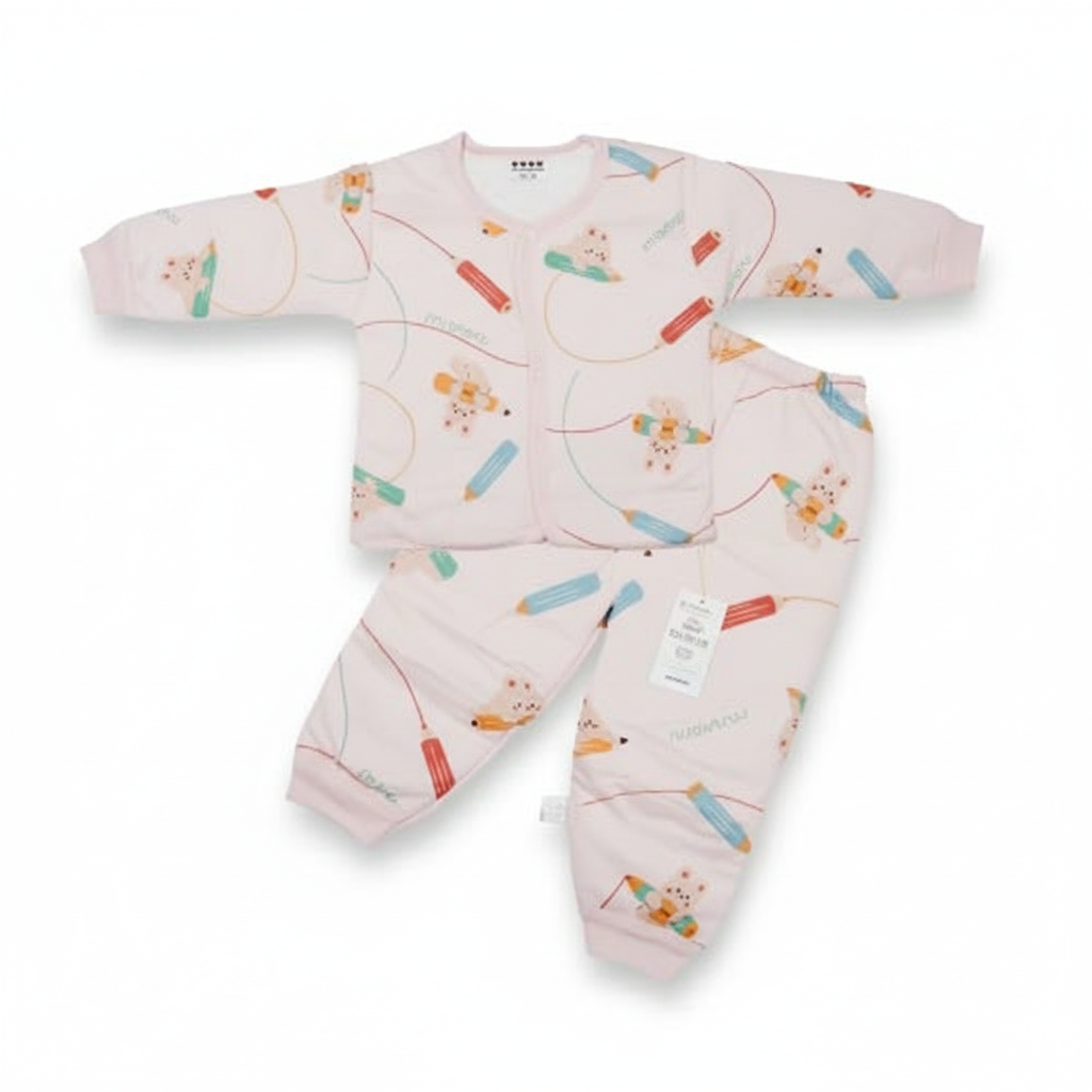 Infant Pink Cotton Night Dress with Full Sleeves and Cartoon Prints