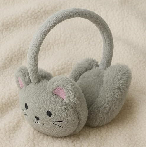 Gray cat-shaped ear muffs on a beige surface