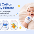 Baby wearing soft cotton baby mittens with cartoon designs, surrounded by product images and text.