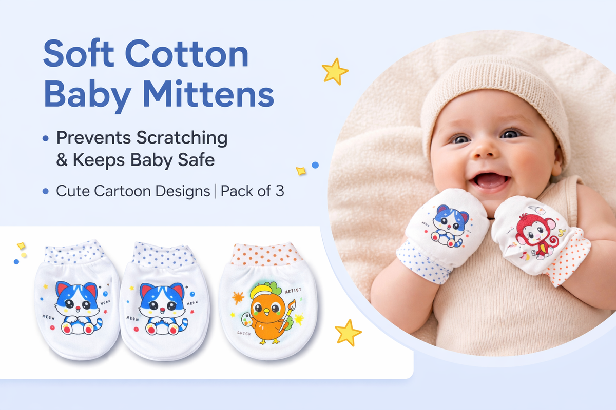 Baby wearing soft cotton baby mittens with cartoon designs, surrounded by product images and text.