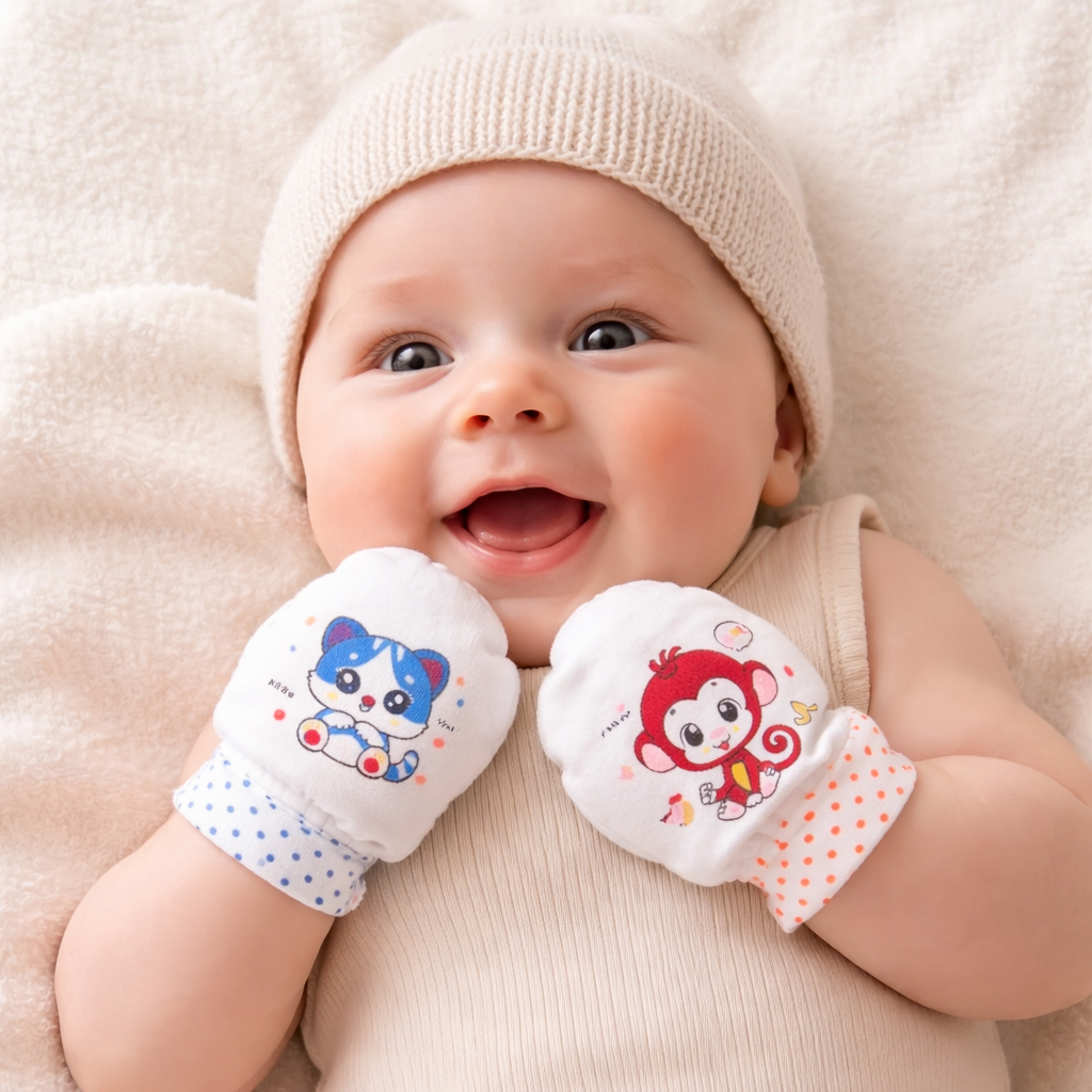 Baby wearing cartoon-themed white mittens on a soft surface