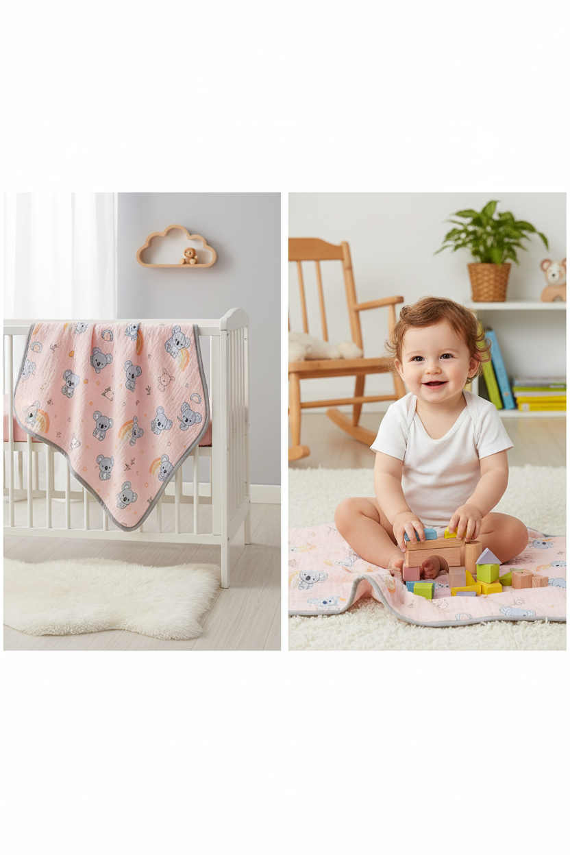 Baby nursery blanket with cute koalas and bunnies print