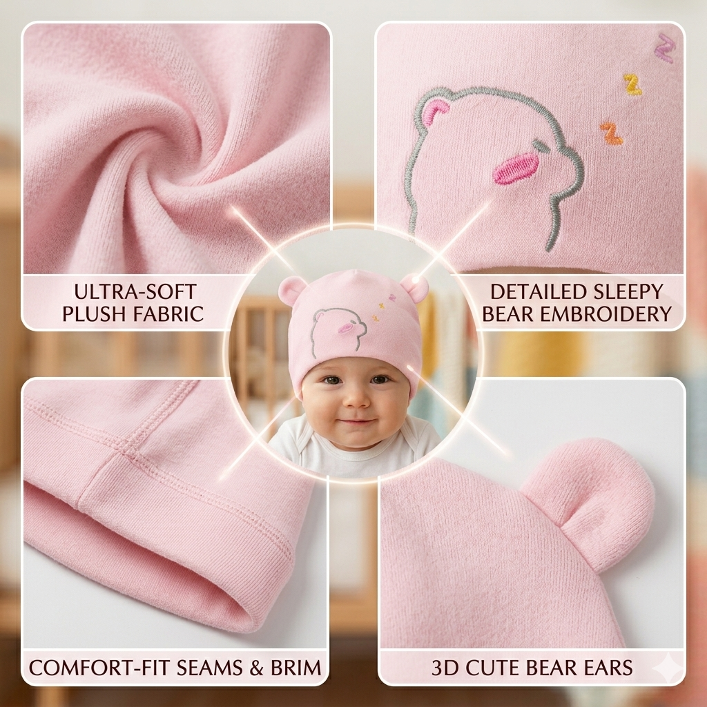 Baby Cotton Cap with Cute Bear Print (Pack of 1)