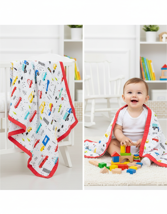 WooAttire Sky Blue Muslin Baby Blanket with Red Border