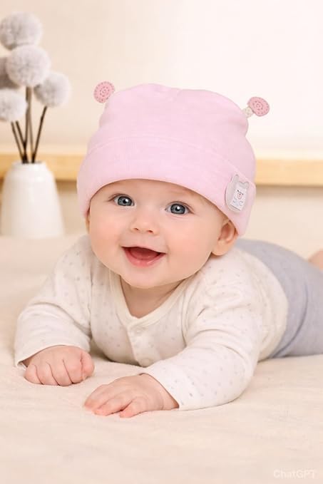 Baby Pink Bunny Ear Cotton Cap for Girls for 0–12 Months