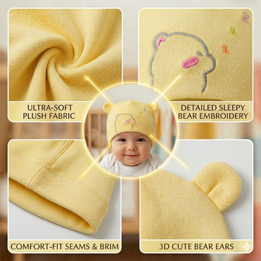 Baby Cotton Cap with Cute Bear Print (Pack of 1)