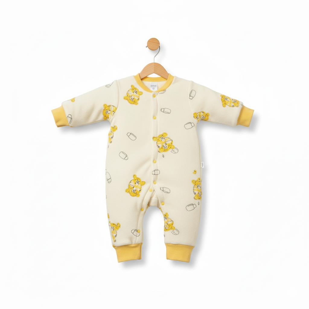 WooAttire Full Sleeves Baby Romper – Yellow Animal Print Cream Jumpsuit Front View