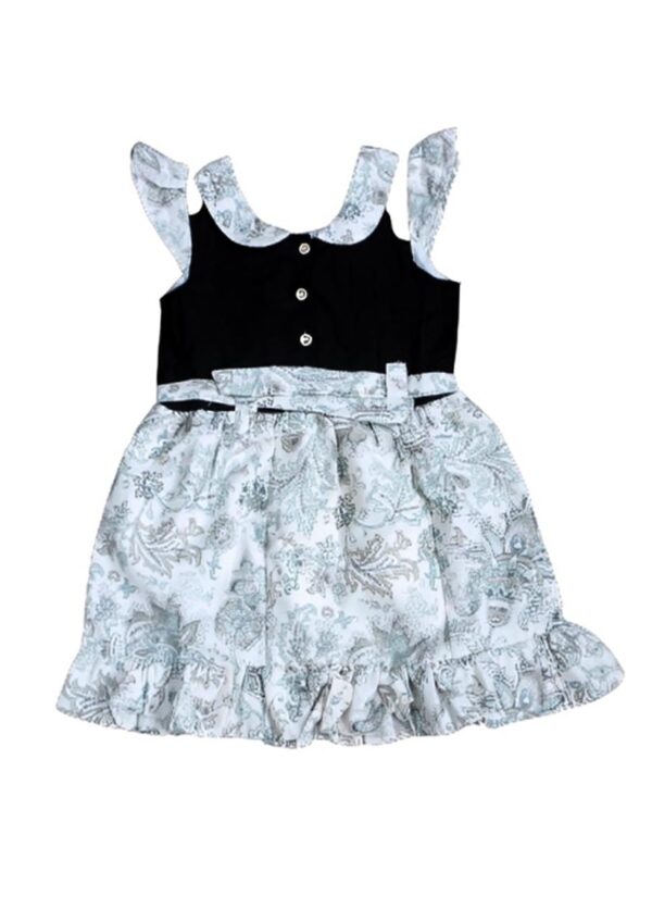 Printed Cotton Casual Girls Designer Frock With Cotton Belt - Adorable blue and white floral print frock made from premium cotton fabric. Comes with a matching cotton belt for a stylish and tailored look. Perfect for any occasion. Easy-to-wear design with buttons for hassle-free dressing. Available in various sizes for a comfortable fit as your child grows.